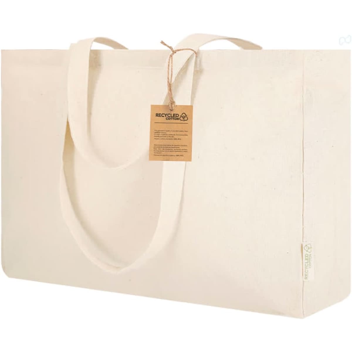 A cream-coloured tote bag with two handles and a luggage tag, featuring a logo.