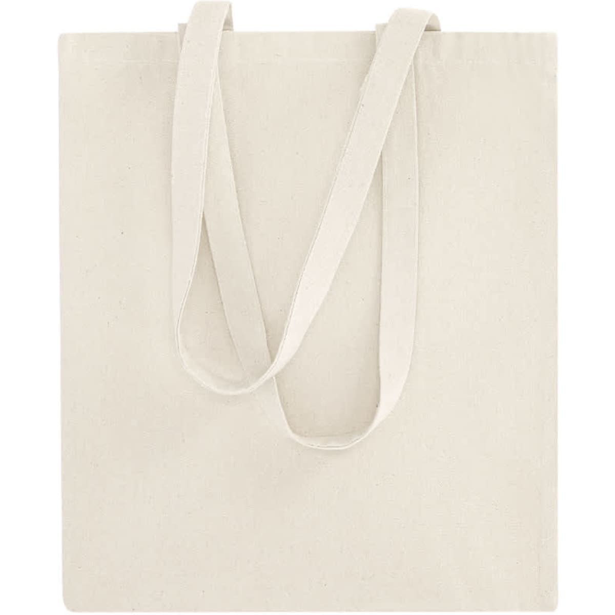 A plain beige tote bag with long handles and a simple design, featuring a branding logo.