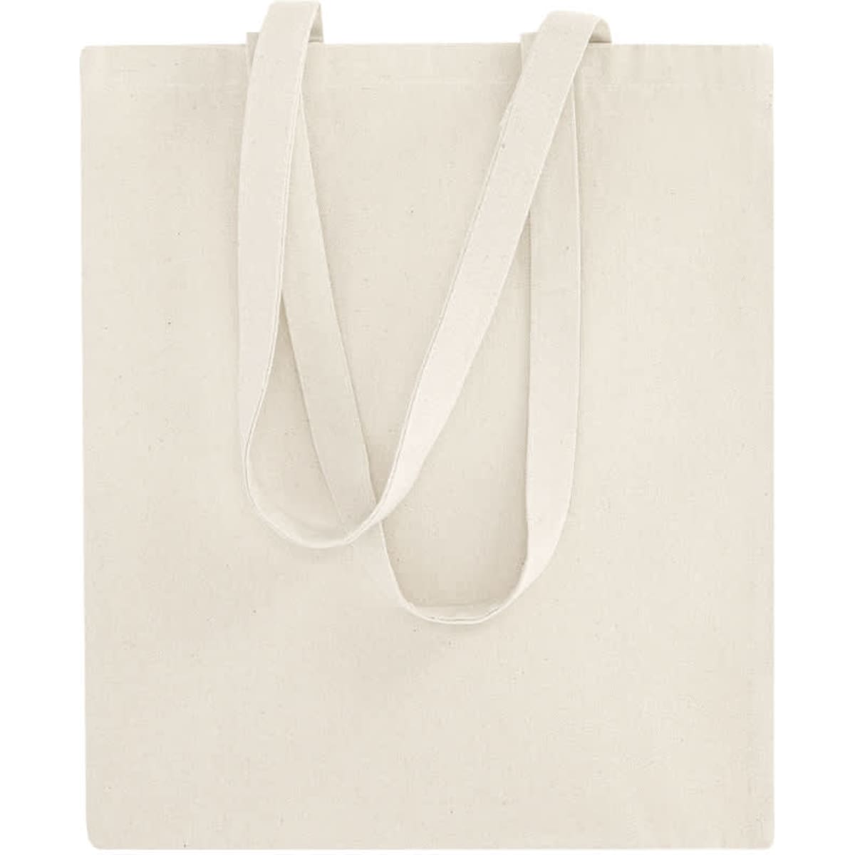 A cream tote bag with two long handles and a simple design, featuring a logo on one side.