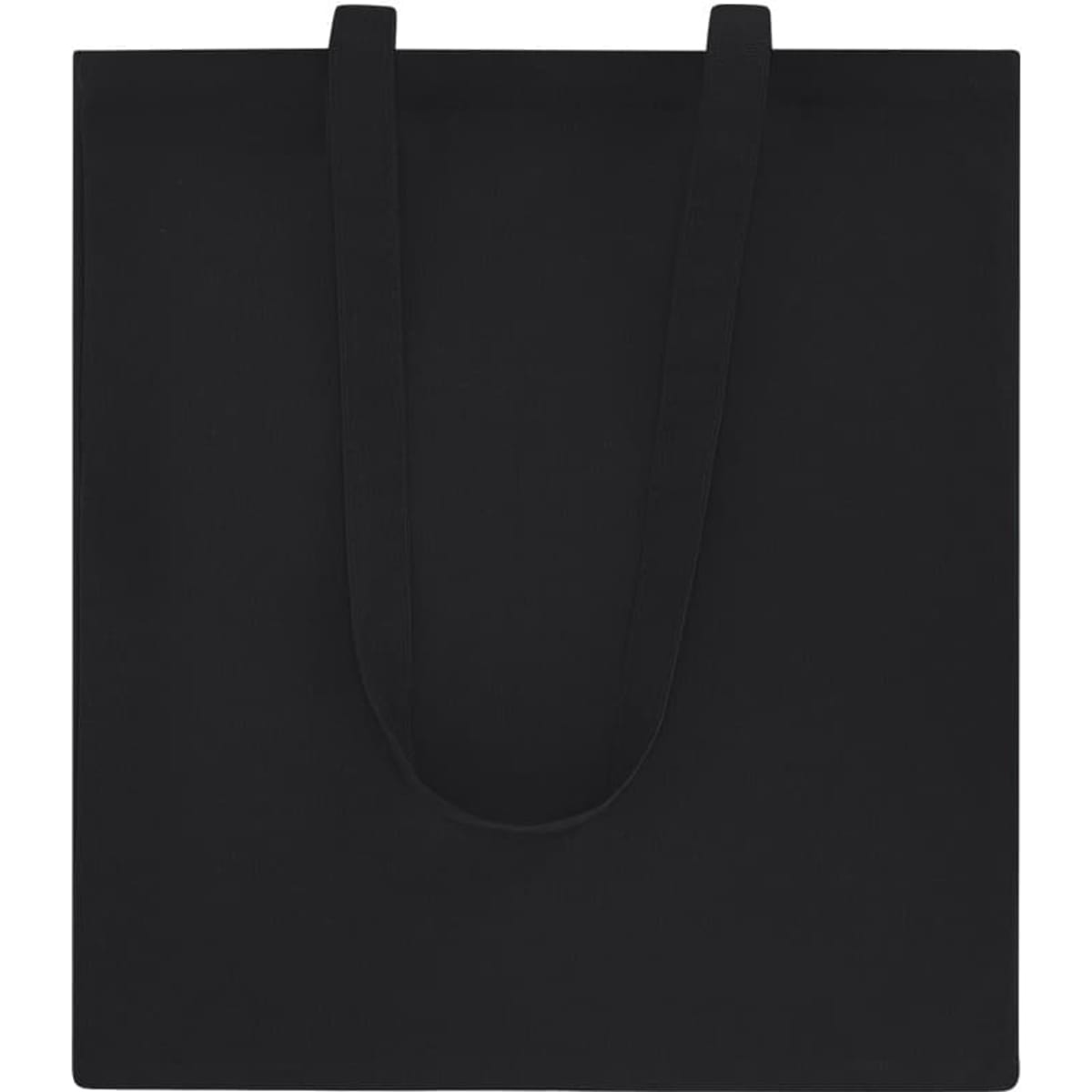 A black tote bag with two long handles and a simple design. It features branding on the surface.