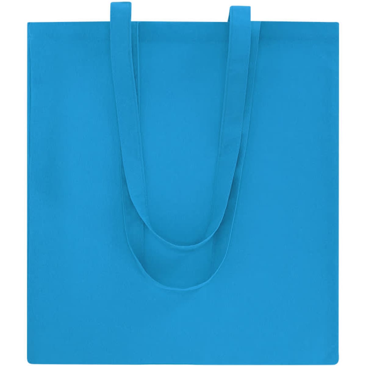 A solid bright blue tote bag with two long handles and no visible branding.