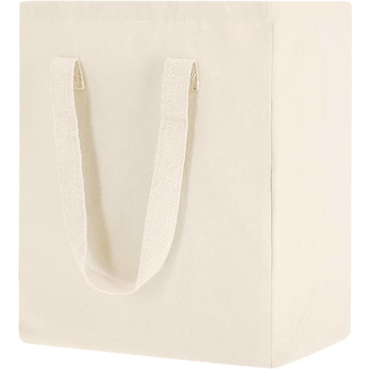 A beige tote bag with sturdy fabric and woven handles, designed for various uses. Features a logo on the side.