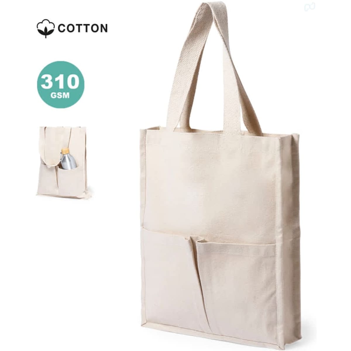 A beige tote bag made of cotton, featuring a front pocket and sturdy handles. It has a simple design with a logo.