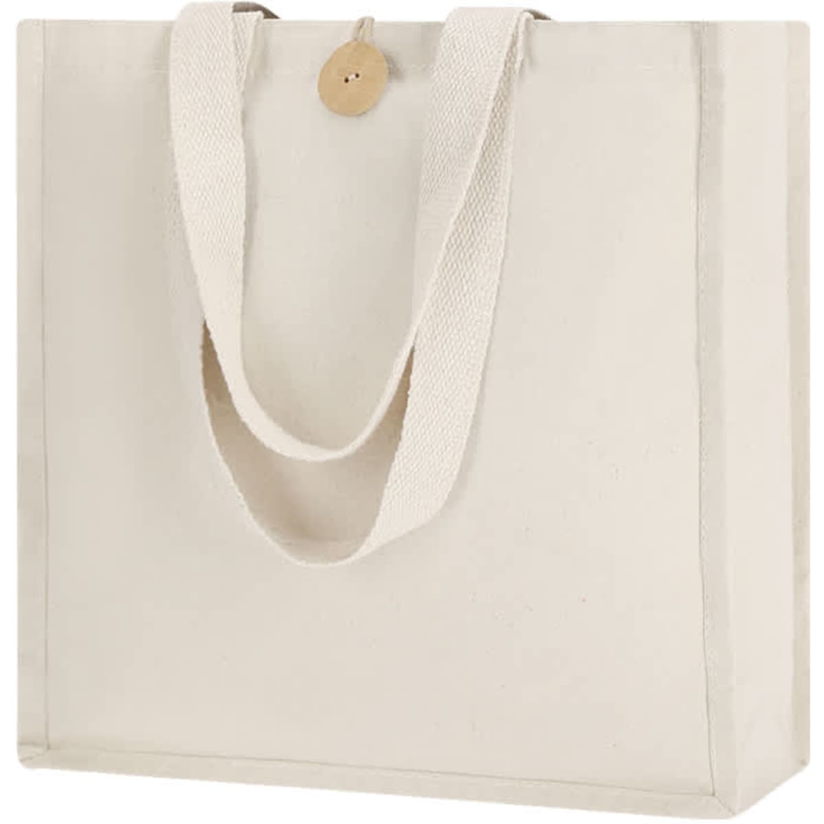 A cream-coloured tote bag with a button closure and sturdy woven handles. It features a logo on the side.