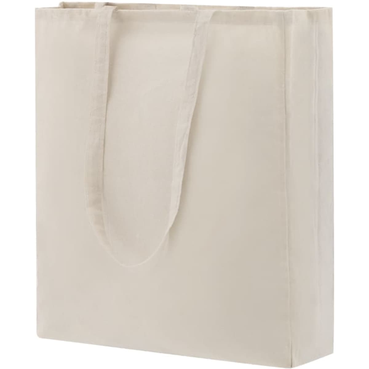 A cream tote bag with long handles and a simple design. It features a logo on one side.