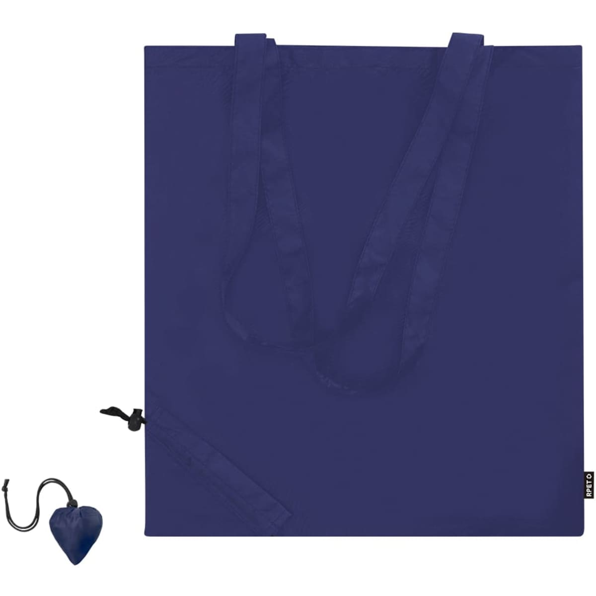 A navy foldable reusable grocery bag with two handles and a hook attachment for storage.