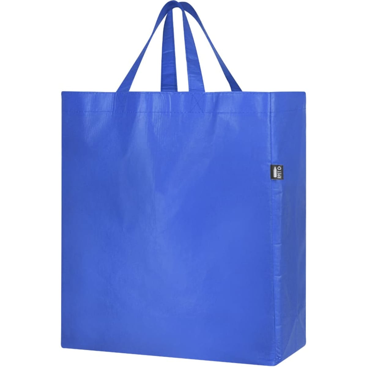 A blue reusable grocery bag with two handles and a branding logo.