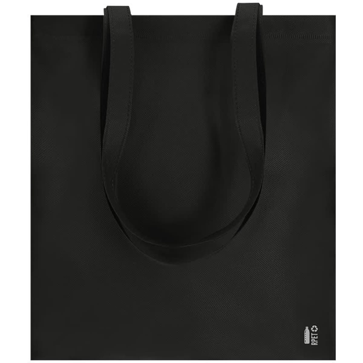 A black tote bag with sturdy handles and a simple design, featuring a logo on the bottom.