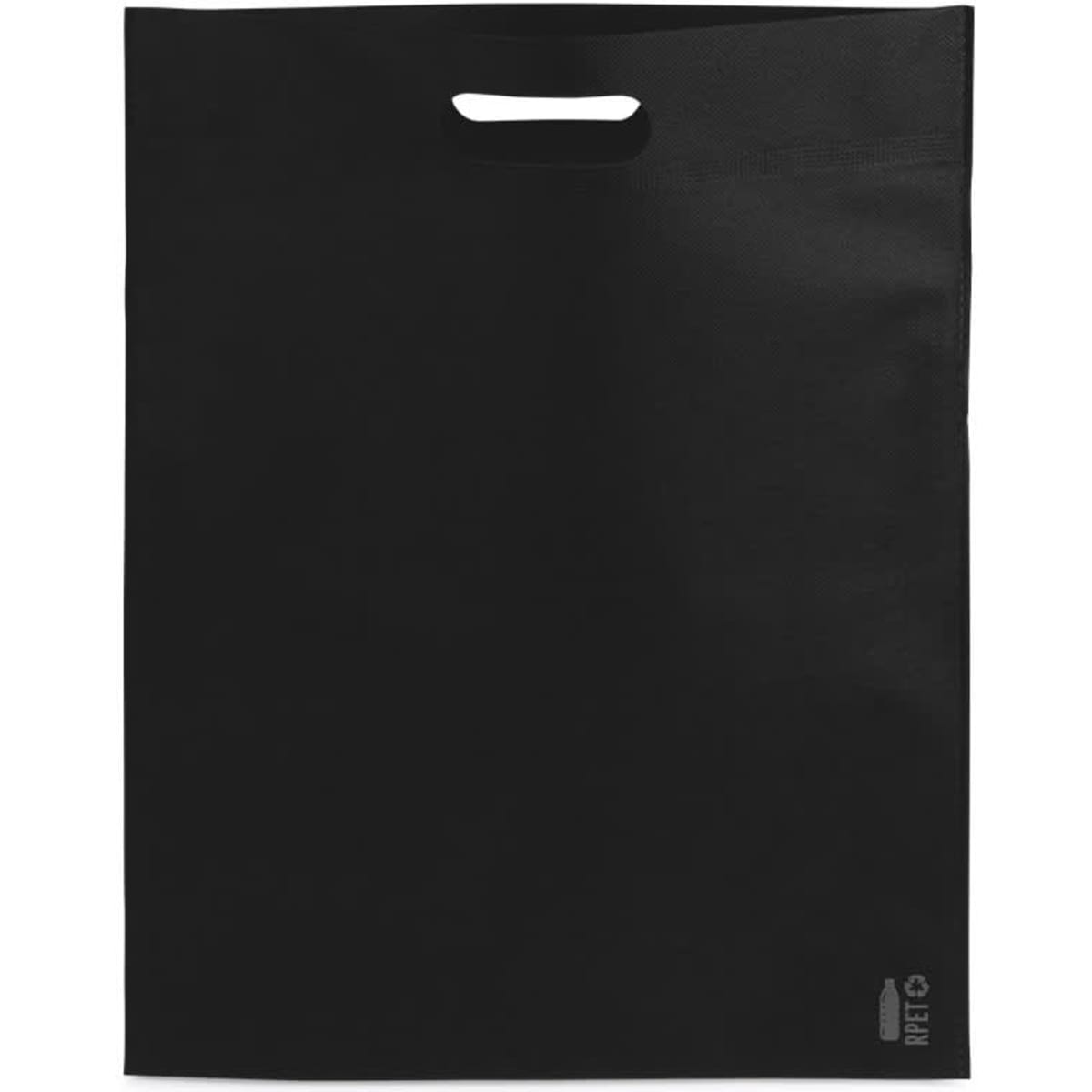 A black Dromeda Bag featuring a handle and a small logo on the bottom corner.