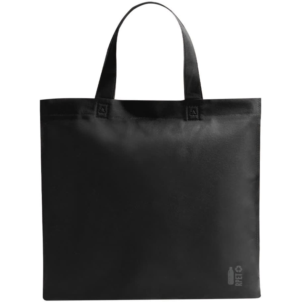 A black reusable grocery bag with two sturdy handles and a simple design, featuring a logo on the side.