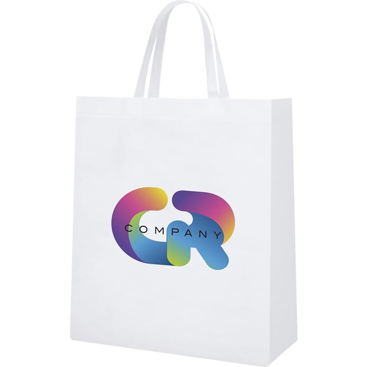 A white shopping bag featuring a colourful logo. The bag has two handles for easy carrying.
