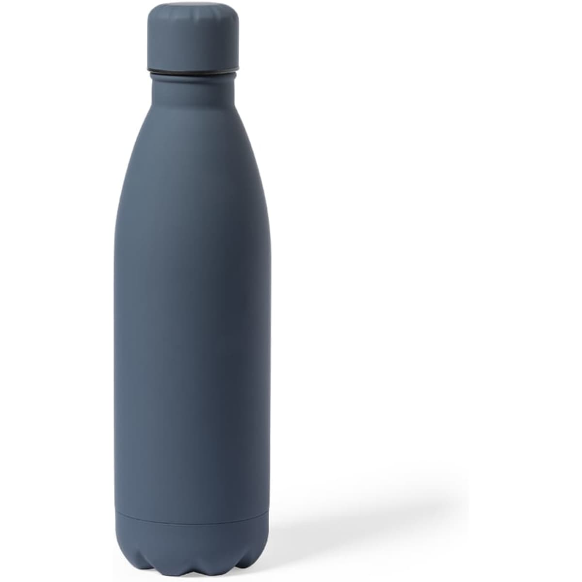 A drink bottle in a matte navy blue finish with a screw-on lid and a logo on the side.