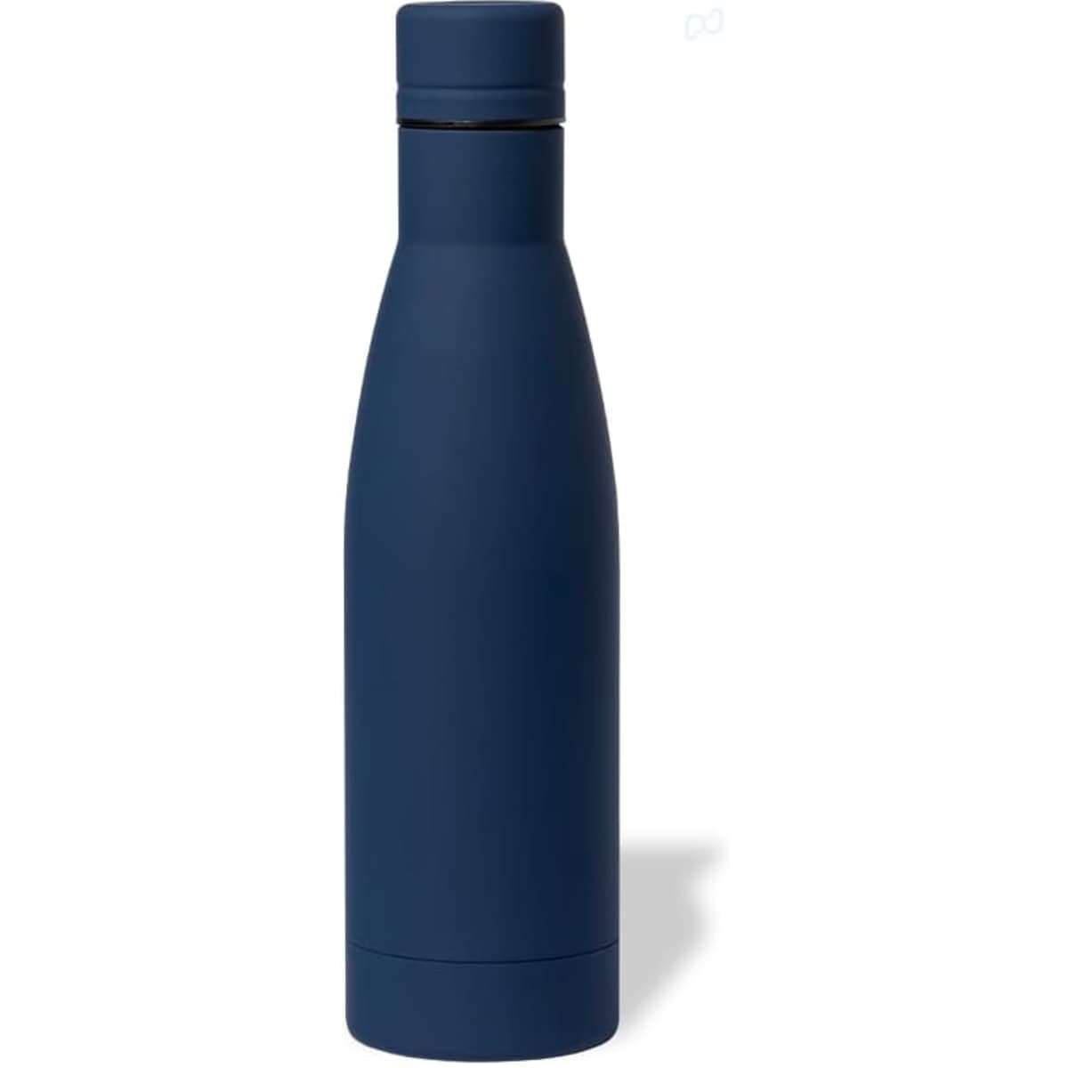 A drink bottle in a sleek navy blue finish with a simple design and a cap, featuring a logo.