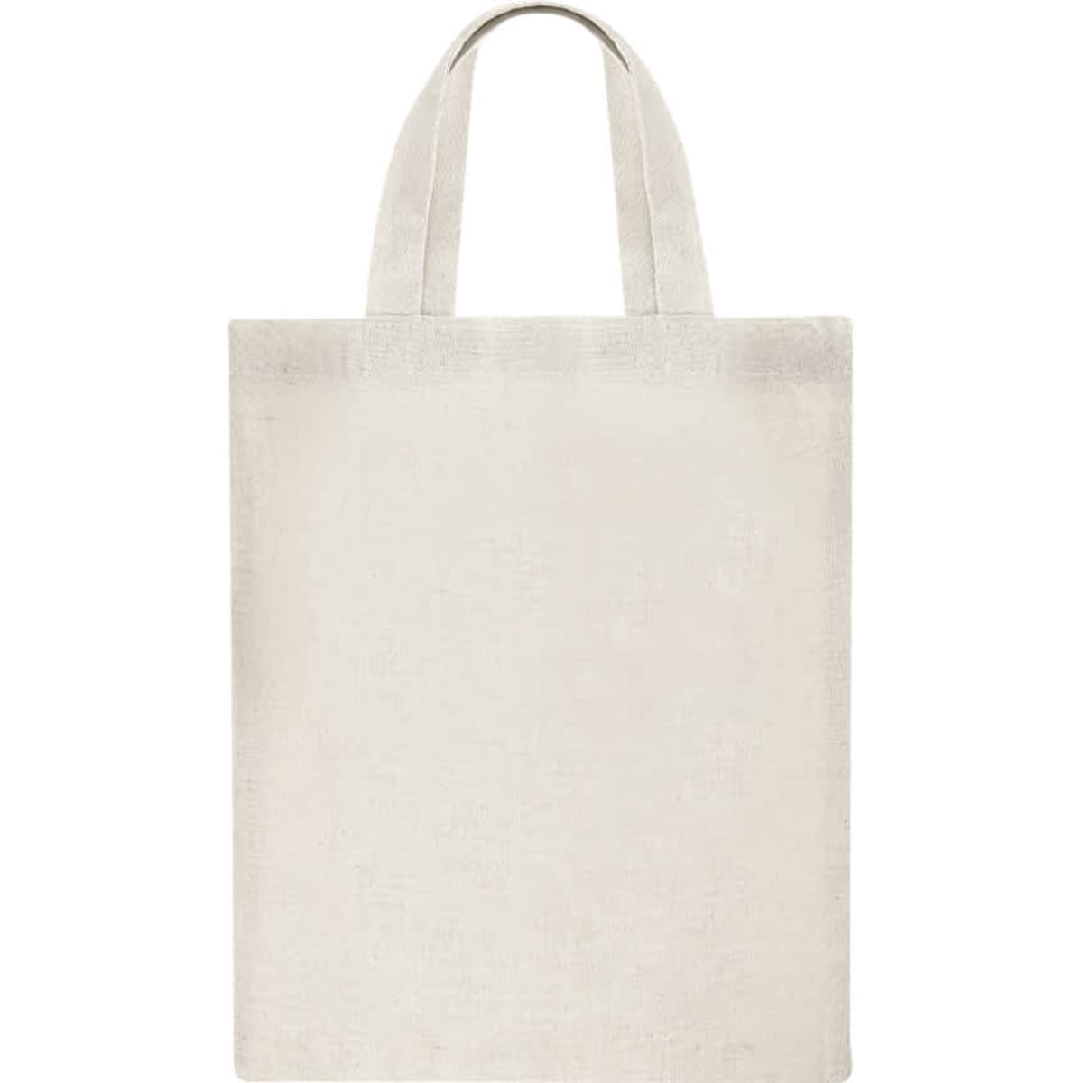 A light beige tote bag with two handles and a textured fabric design. It features a logo.
