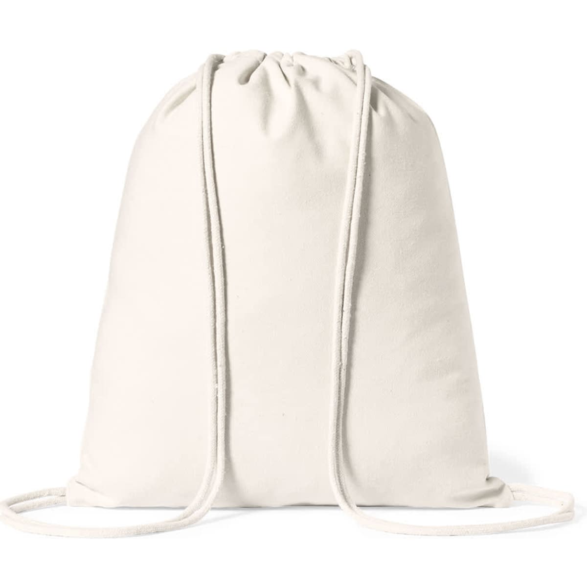 A beige drawstring bag with white cords and a logo, designed for easy carrying and storage.