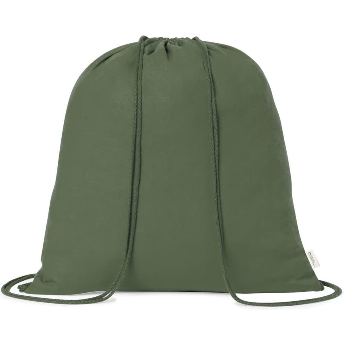 A green drawstring bag with a simple design and a branding label at the side.