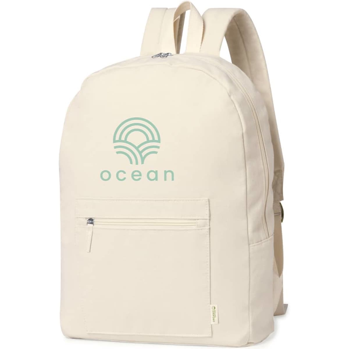 A cream-coloured backpack with a front zip pocket and a logo. It features adjustable straps for comfort.
