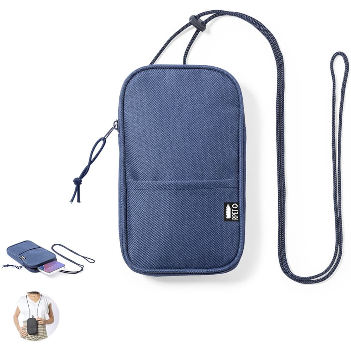 A navy blue Landry Bag with a long strap, featuring a front pocket and smooth fabric. It has a branding logo.