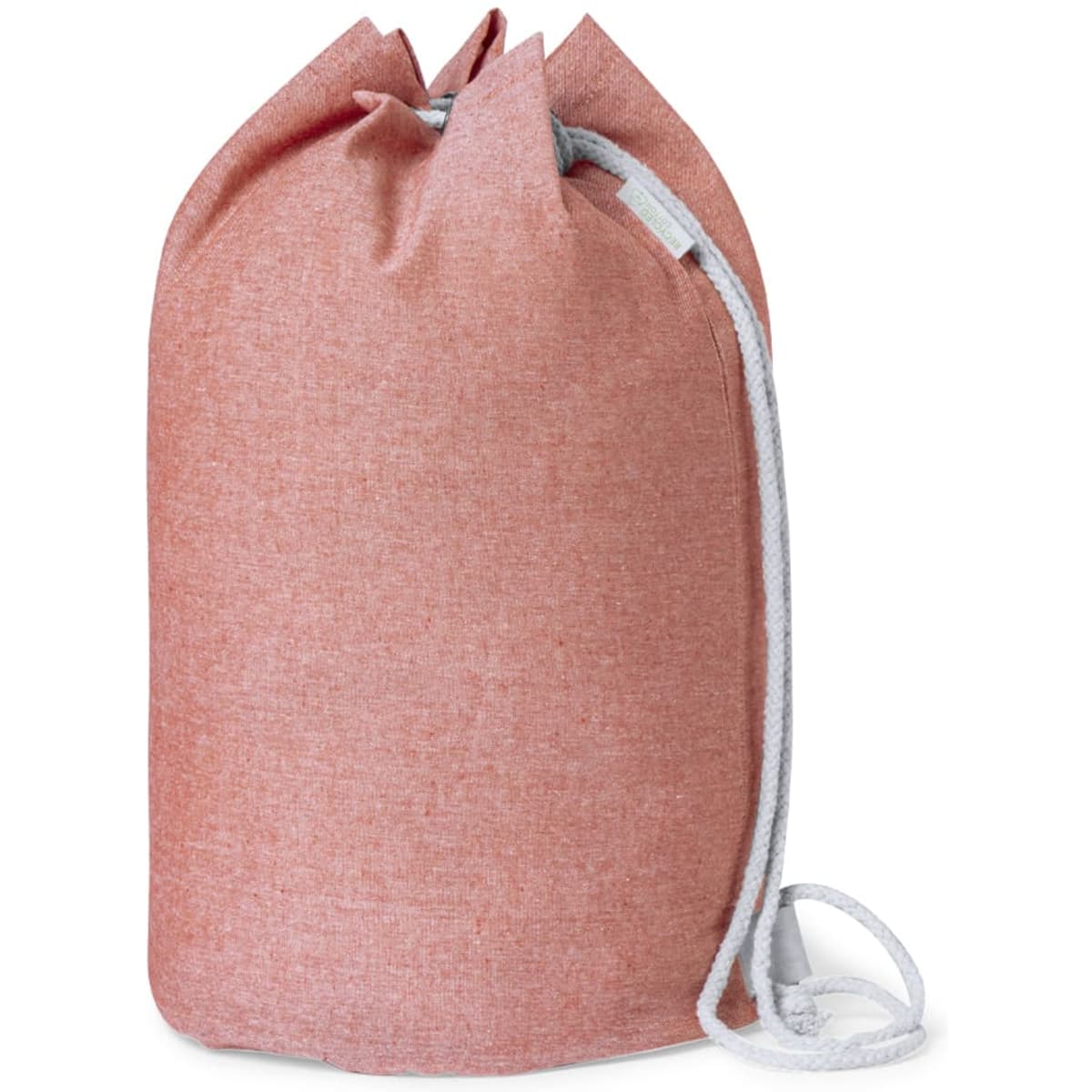 A pink drawstring duffel bag with a light grey cord, featuring a logo on the side.