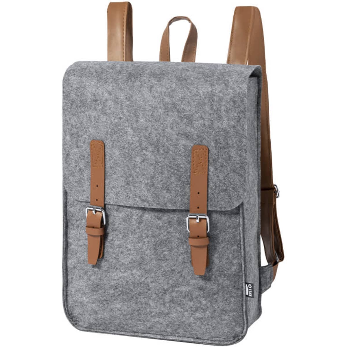 A grey felt backpack with brown leather straps and buckles, featuring a simple, stylish design.
