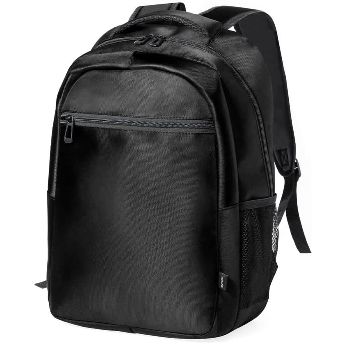 A black backpack with multiple compartments, featuring a side mesh pocket and a logo. Ideal for everyday use.
