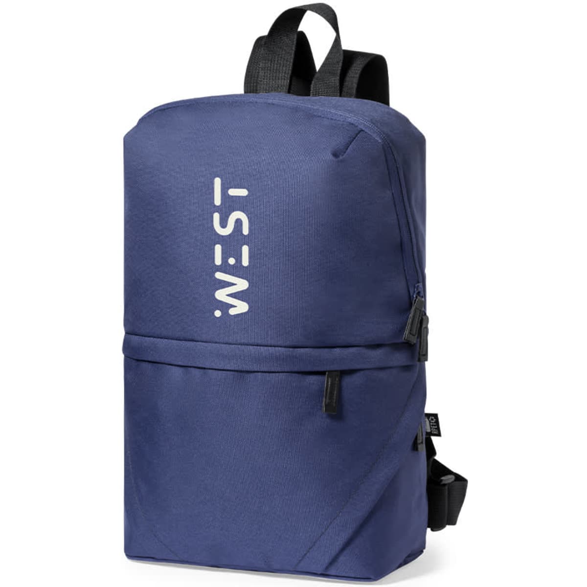 A navy blue backpack featuring a logo, designed with adjustable straps and multiple compartments.