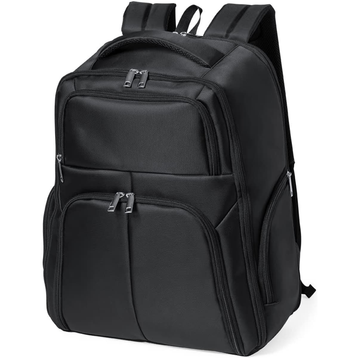 A black Mauroz backpack with multiple exterior pockets and adjustable straps, featuring a logo.