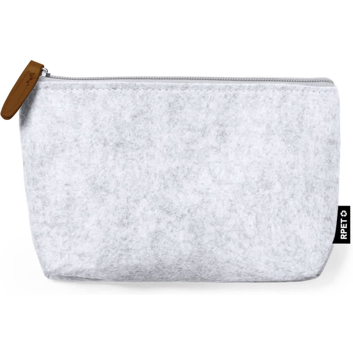 A grey felt pencil case with a zip closure and a small branding tag.
