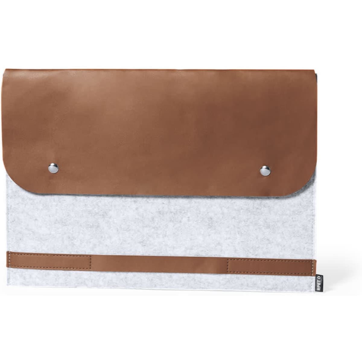 A grey laptop pouch with a brown leather flap, featuring a sleek design and metal snap closures.