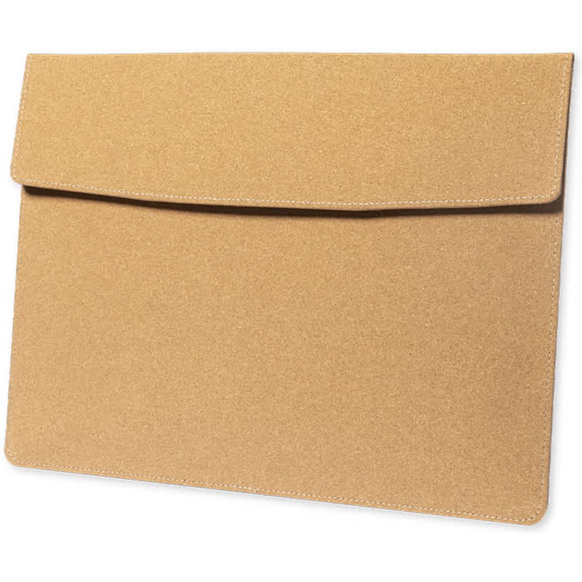 A tan pouch with a flap closure, designed for laptops, featuring a simple and sleek aesthetic.