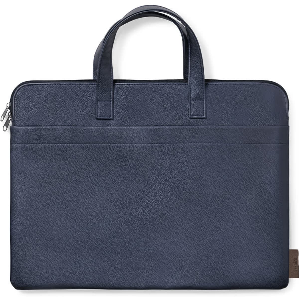A navy blue bag with a zipper closure and two handles, featuring a simple design and a logo.