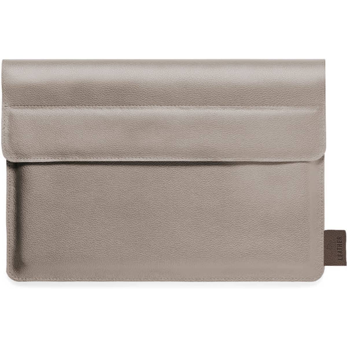 A grey laptop pouch with a smooth texture and a front flap. It features a small branding tag.