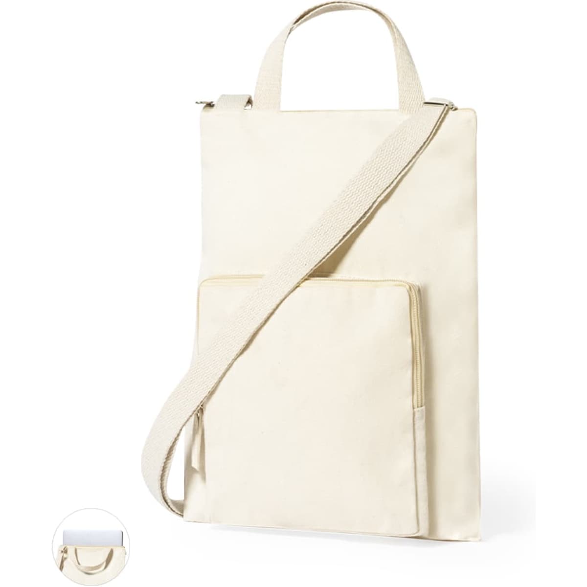 A beige laptop bag with a shoulder strap and a front pocket. It features a handle and has a branding logo.