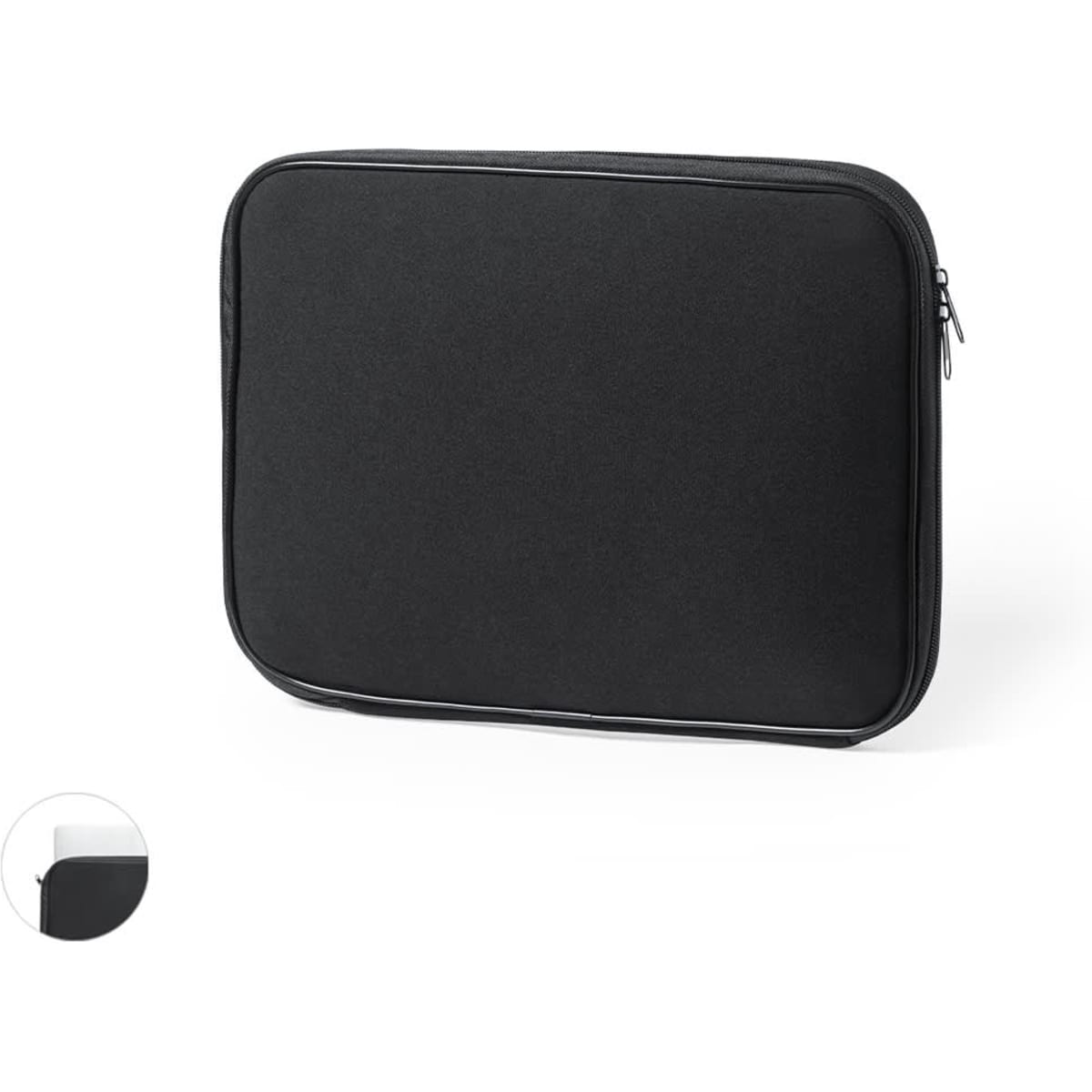 A black laptop pouch with a zippered closure and a smooth exterior. It features a branding logo on one side.