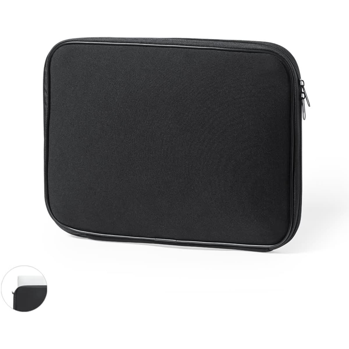 A black laptop pouch with a zip closure, featuring a simple design and no visible branding.