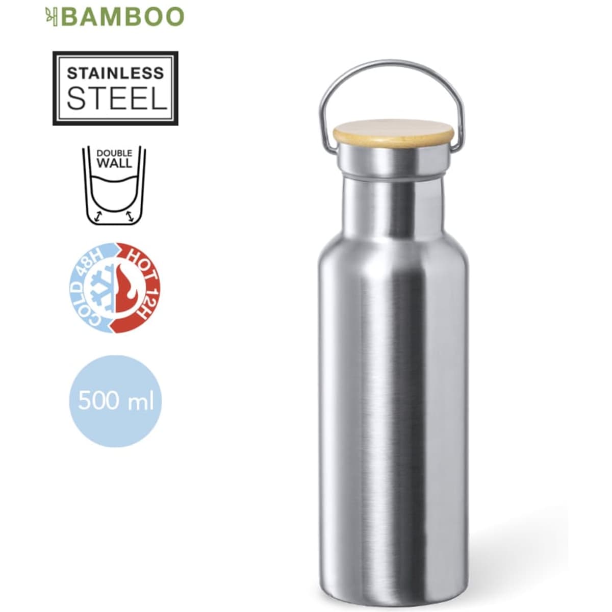 A drink bottle in stainless steel with a bamboo lid, featuring a double-wall design, and a capacity of 500 ml.