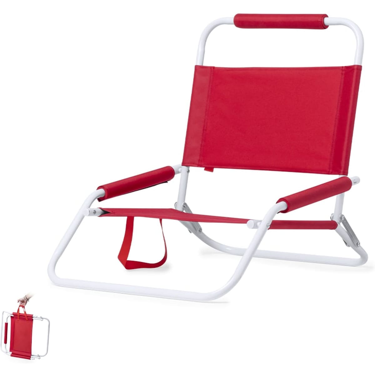 A red folding chair with a white frame and a carrying strap. Includes a small attachment for accessories.
