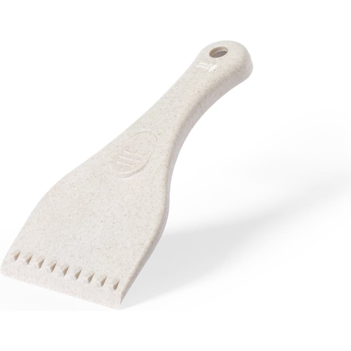 A white ice scraper with a curved handle and a serrated scraping edge, featuring a logo on the handle.