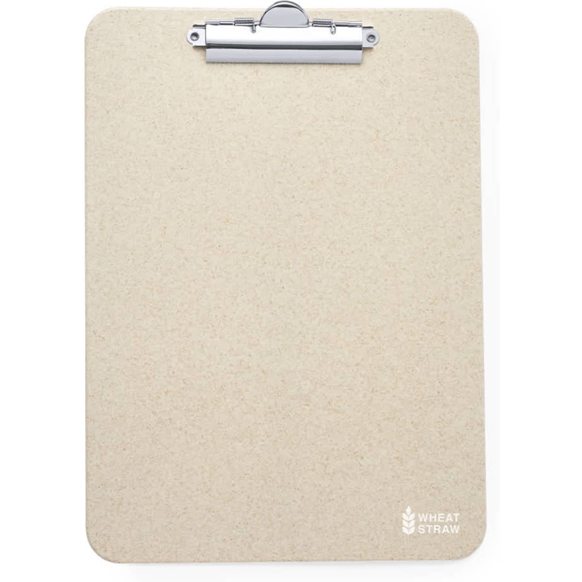 A beige clipboard with a silver clip and a logo in the bottom right corner.
