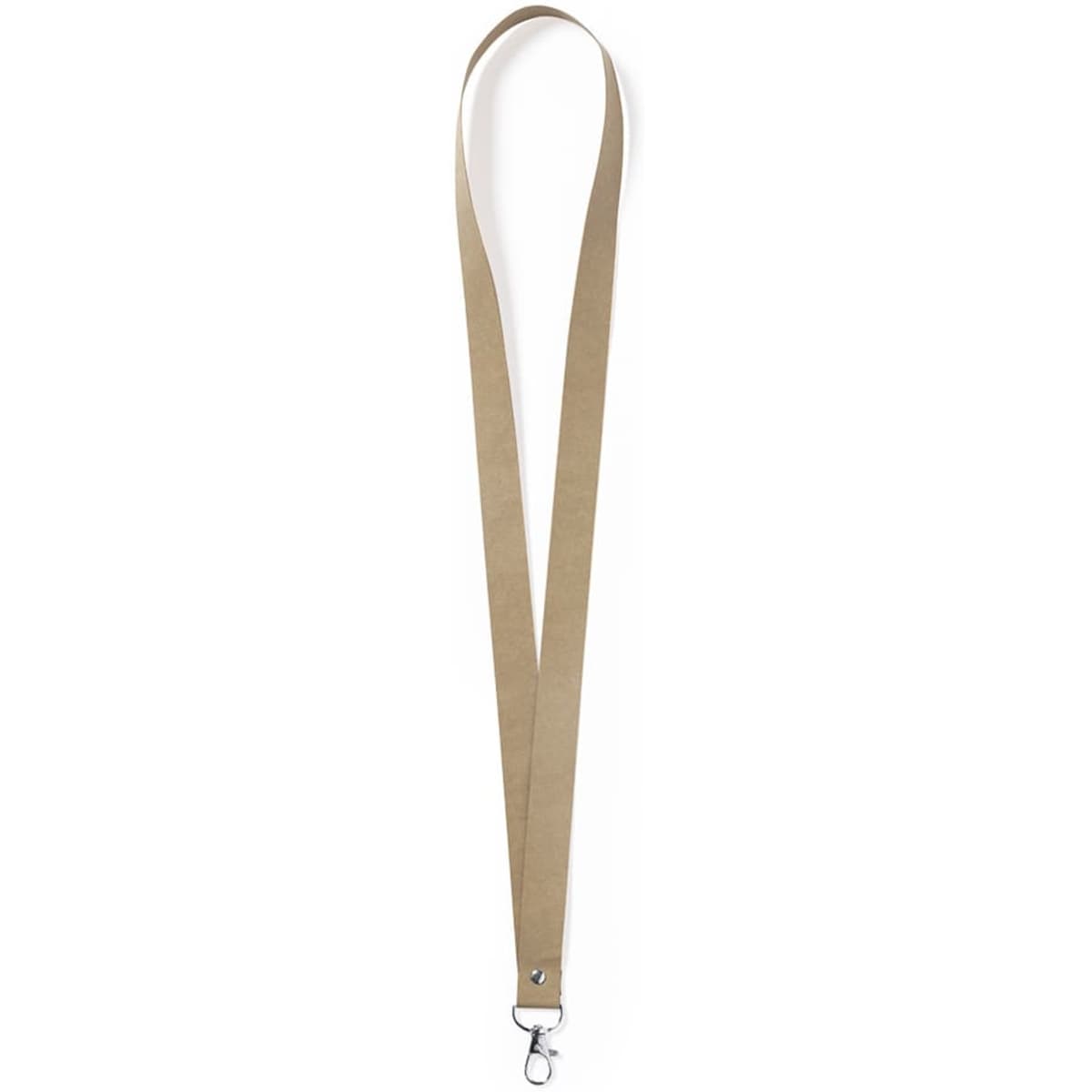 A beige lanyard made from flexible material, featuring a metal clip at one end and a simple design.