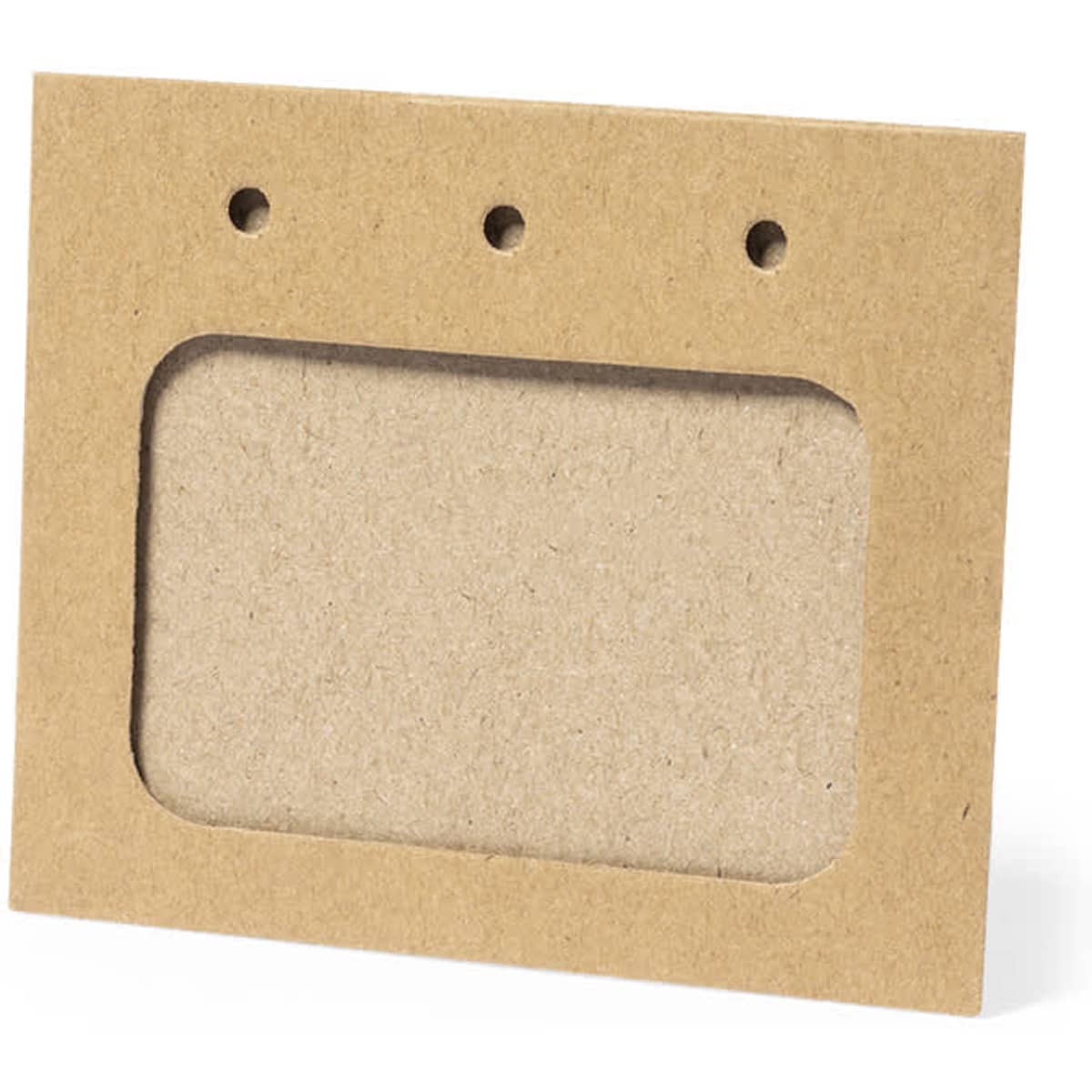 A brown cardboard name badge holder with a rectangular cutout and three holes at the top for attachment.