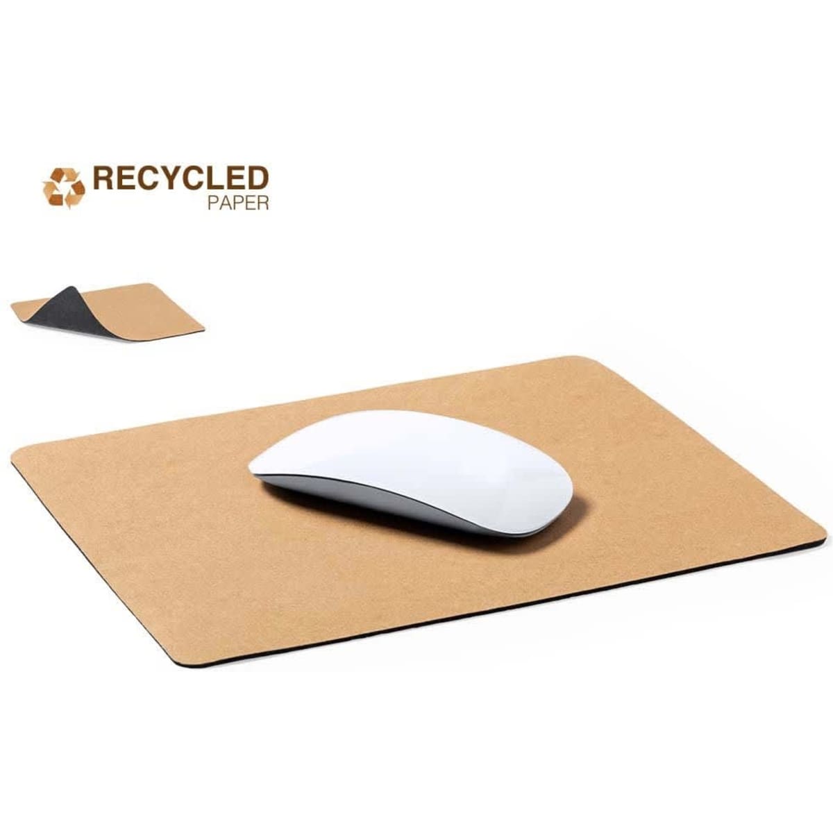 A brown mousepad made from recycled paper, featuring a sleek white computer mouse on top.