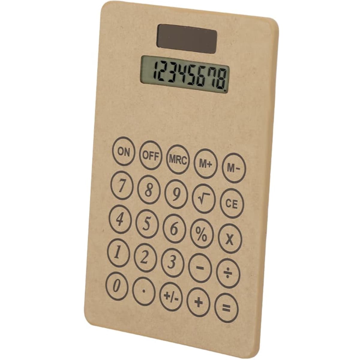 A brown calculator with a digital display and numerous buttons, featuring a logo at the top.