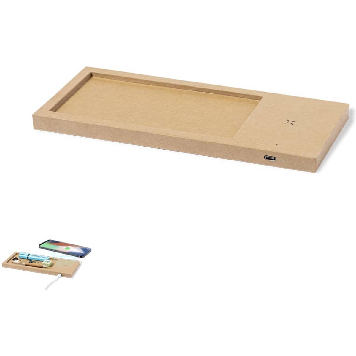 A wireless charger in a rectangular, natural wood finish with a USB port and a branding logo.