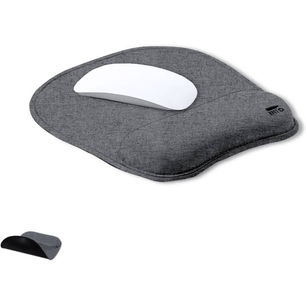 A grey mouse pad with a white wrist support, featuring a sleek, ergonomic design and a logo.