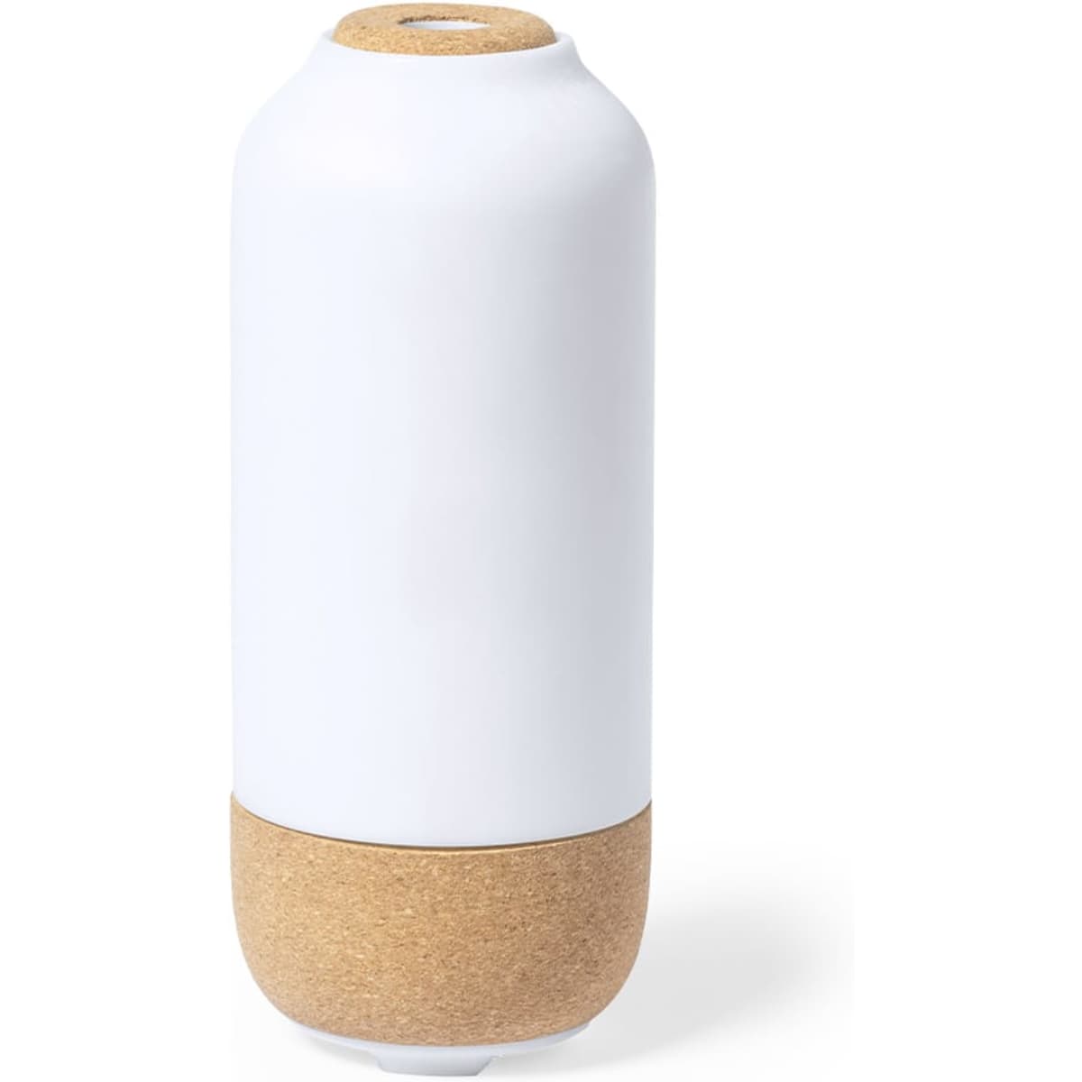 A white drink bottle with a cork base and a rounded top. The bottle features a minimalist design and has a logo.