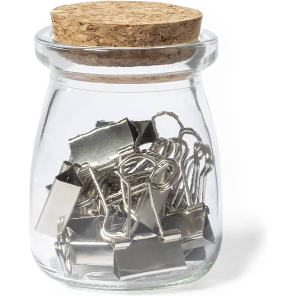 A glass jar with a cork lid containing various silver paper clips.