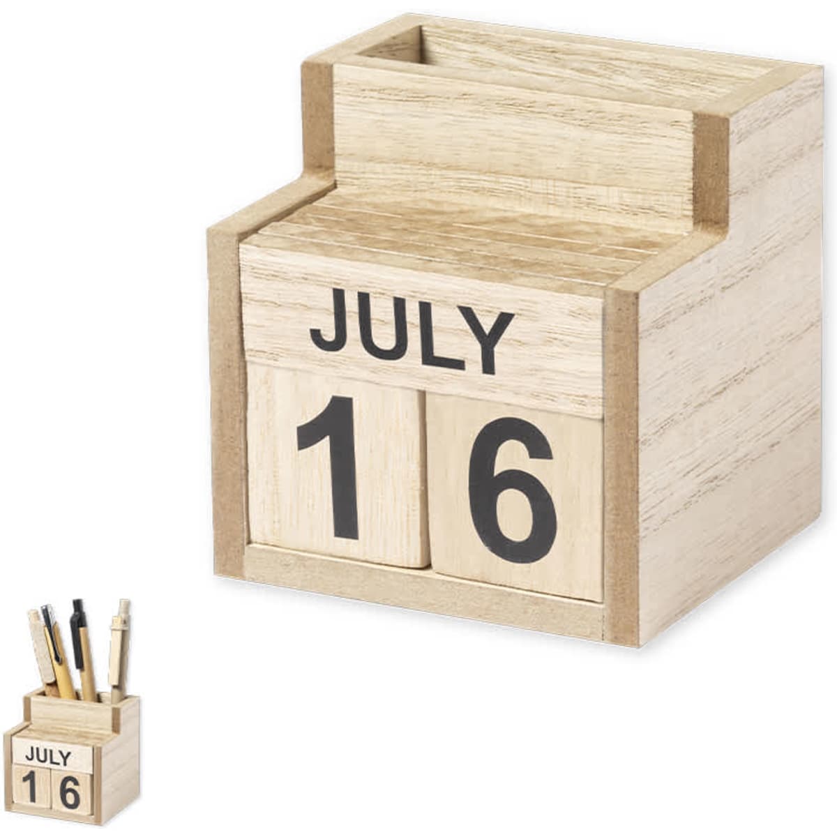 A wooden desk calendar with the date and month displayed, featuring a pen holder at the top.