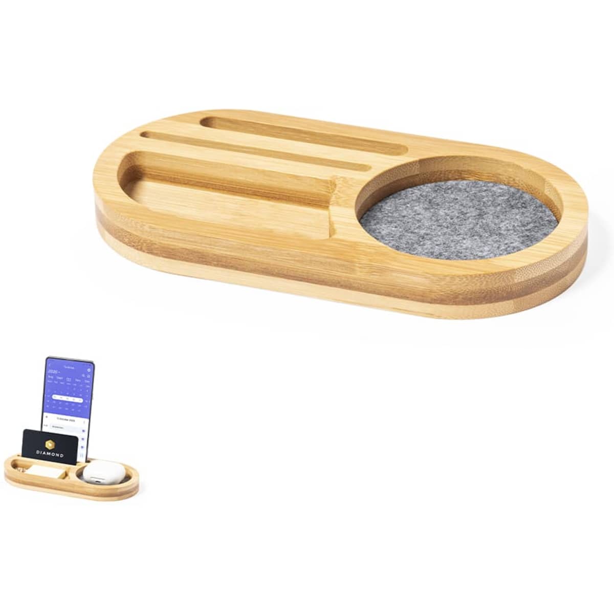 A bamboo organiser tray featuring compartments for items and a felt insert in the centre.