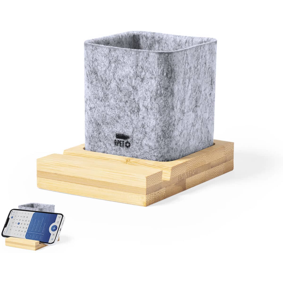 A grey felt desk organiser on a wooden base, with a compartment for holding office supplies and a phone holder.